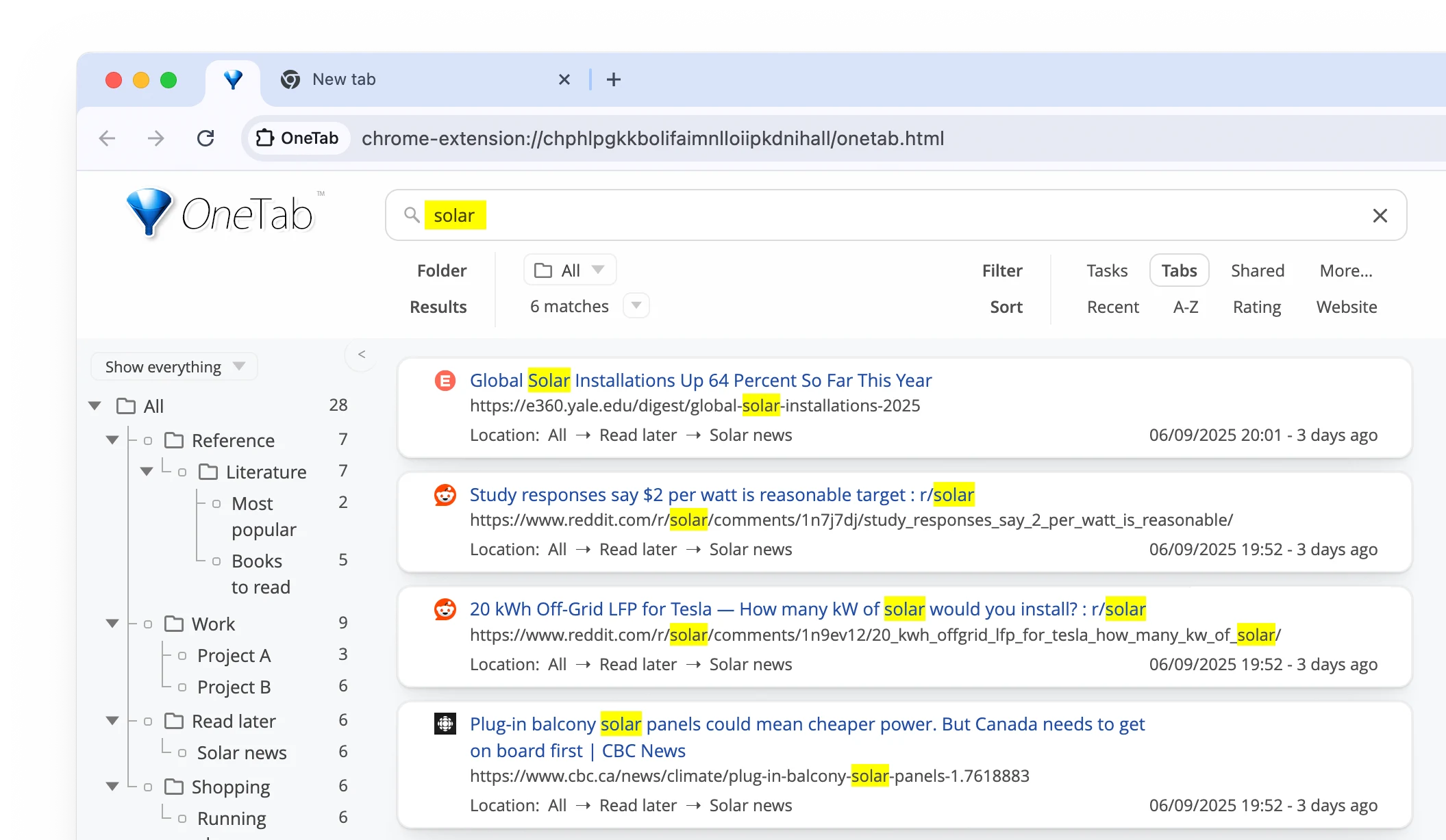 OneTab search for solar showing six matches, highlighted terms, folder locations and sorting controls