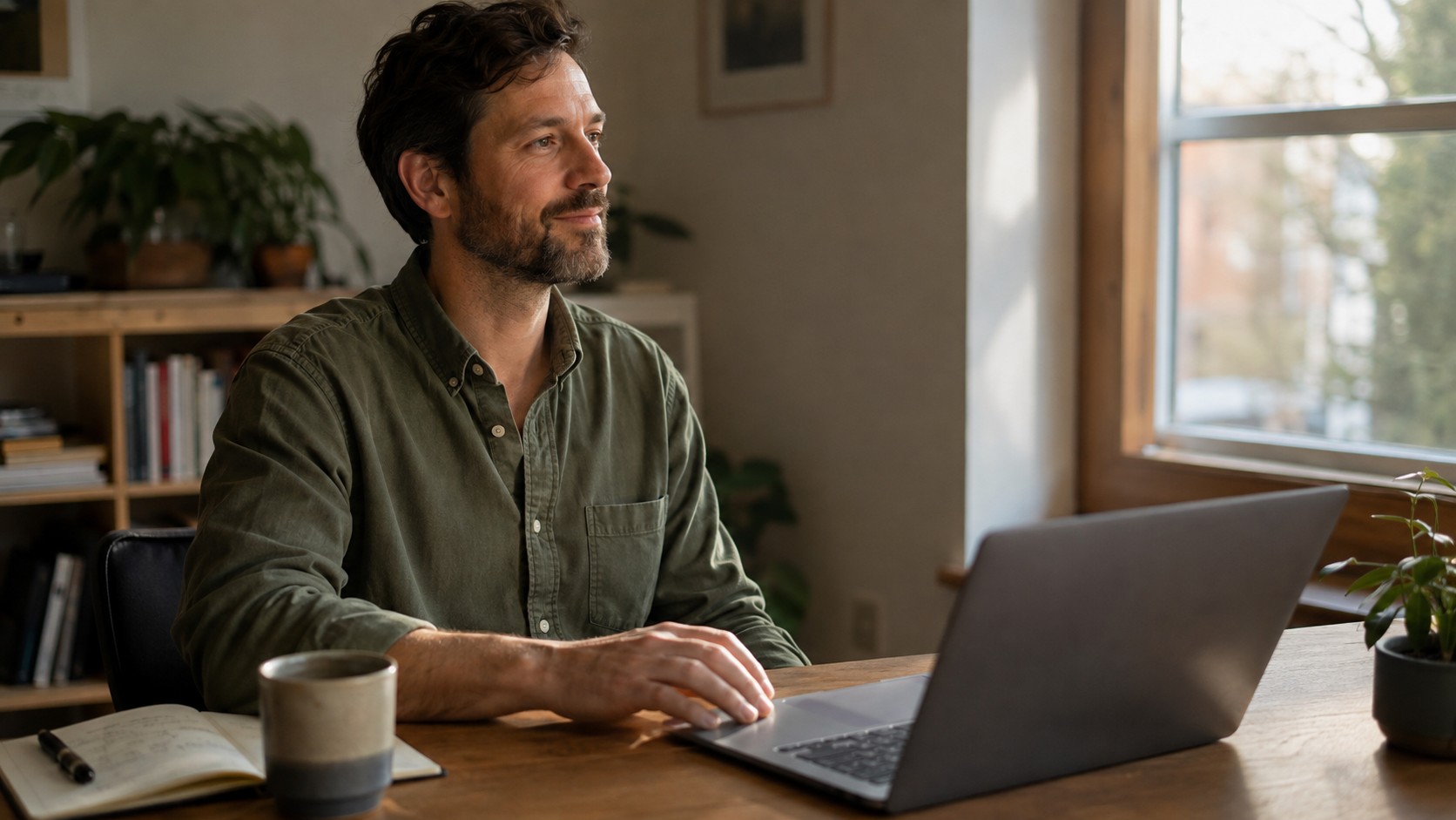 A person in an olive shirt working at a laptop beside a sunlit window