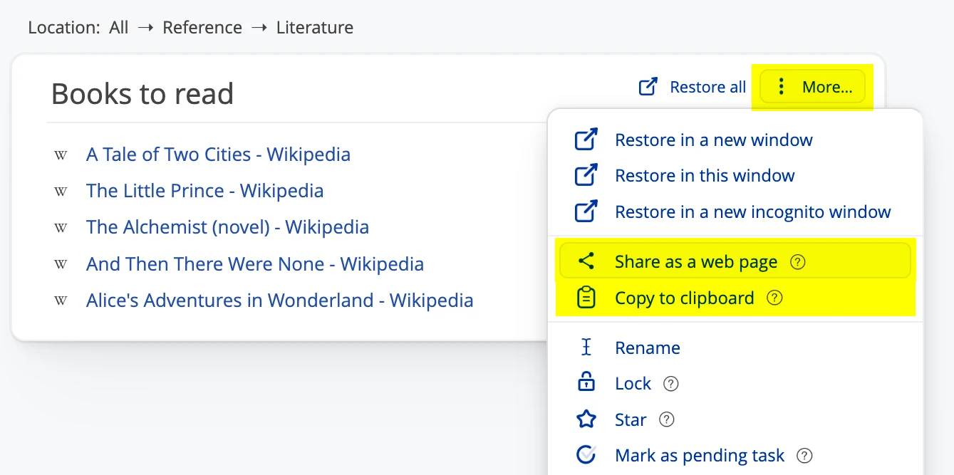 OneTab's More menu with restore options, Share as a web page and Copy to clipboard