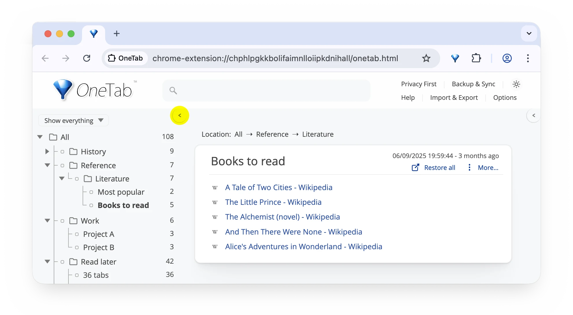 OneTab's Books to read group inside Reference and Literature folders, with Restore all and Import and Export controls
