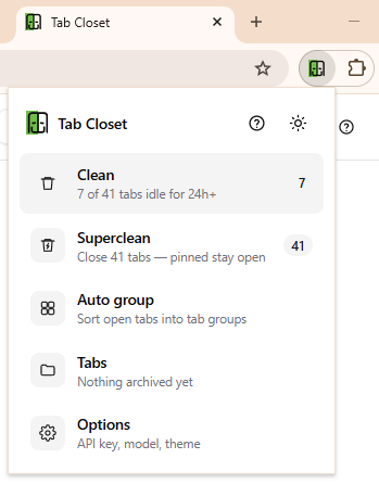 The Tab Closet popup on a window with 41 tabs, reporting that 7 have been idle for over 24 hours, with the Clean button highlighted