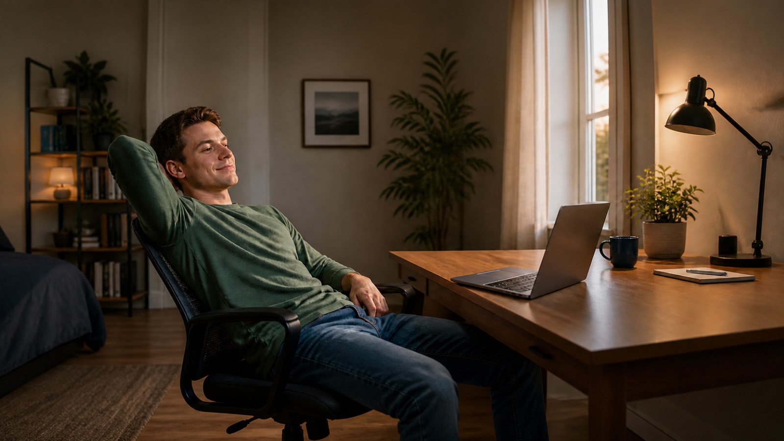 Man relaxing beside a laptop after organizing his Chrome tabs