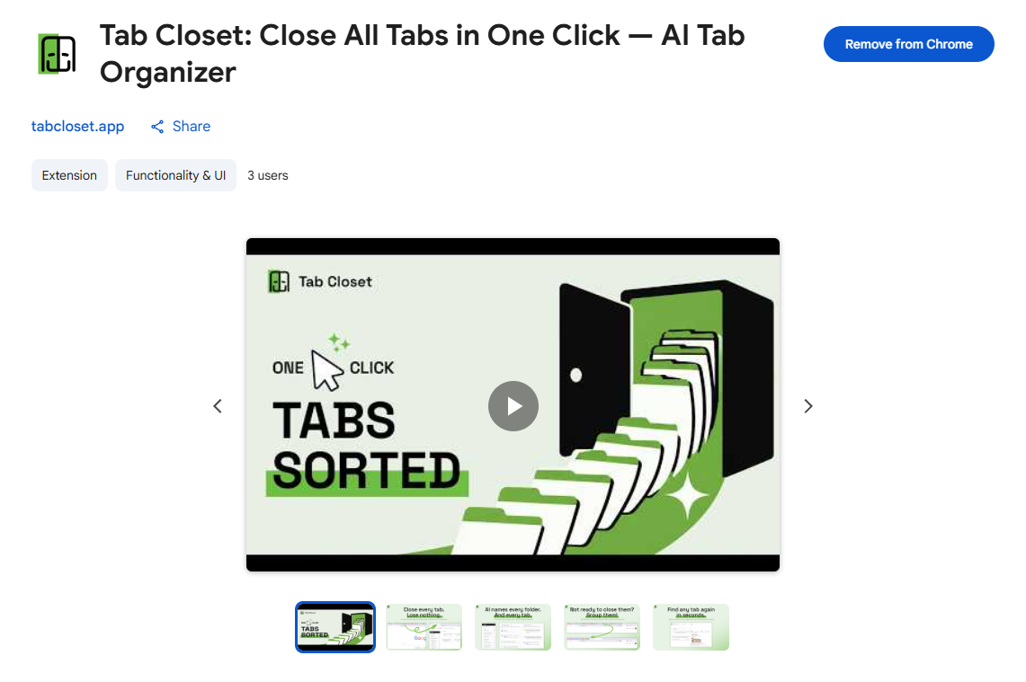 Tab Closet extension organizing saved Chrome tabs